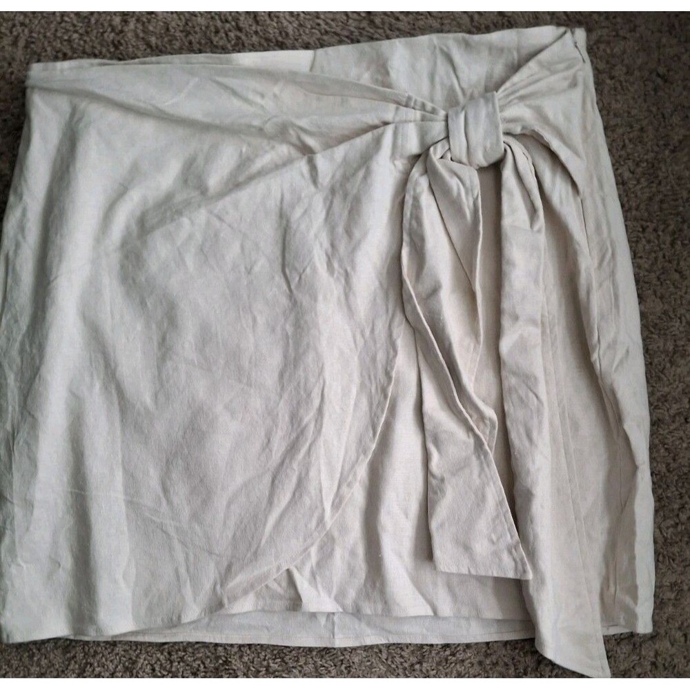 Express Linen Blend Wrap Skirt Size Large Beige Natural Color Side Zip Coastal - Picture 5 of 5